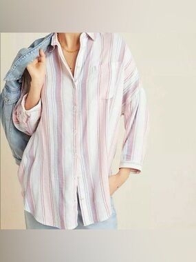 Pilcro by Anthropologie Lightweight Striped Button-Up Shirt in Pink & Blue